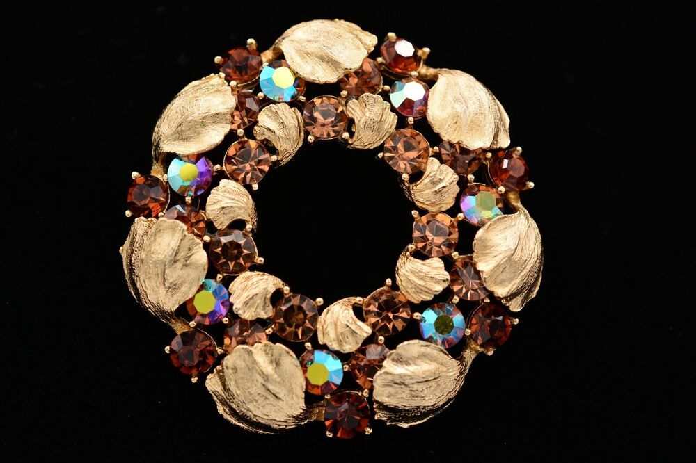 Lisner Vintage Crystal Pin Brooch AB Chocolate Brushed Gold Signed 1950s BinAH
